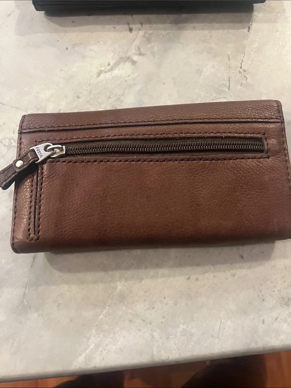 Fossil RFID snap Clutch Brown wallet flat blue leather